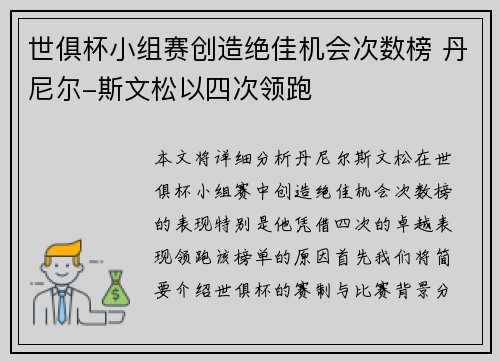 世俱杯小组赛创造绝佳机会次数榜 丹尼尔-斯文松以四次领跑