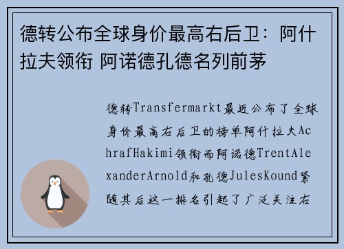 德转公布全球身价最高右后卫：阿什拉夫领衔 阿诺德孔德名列前茅